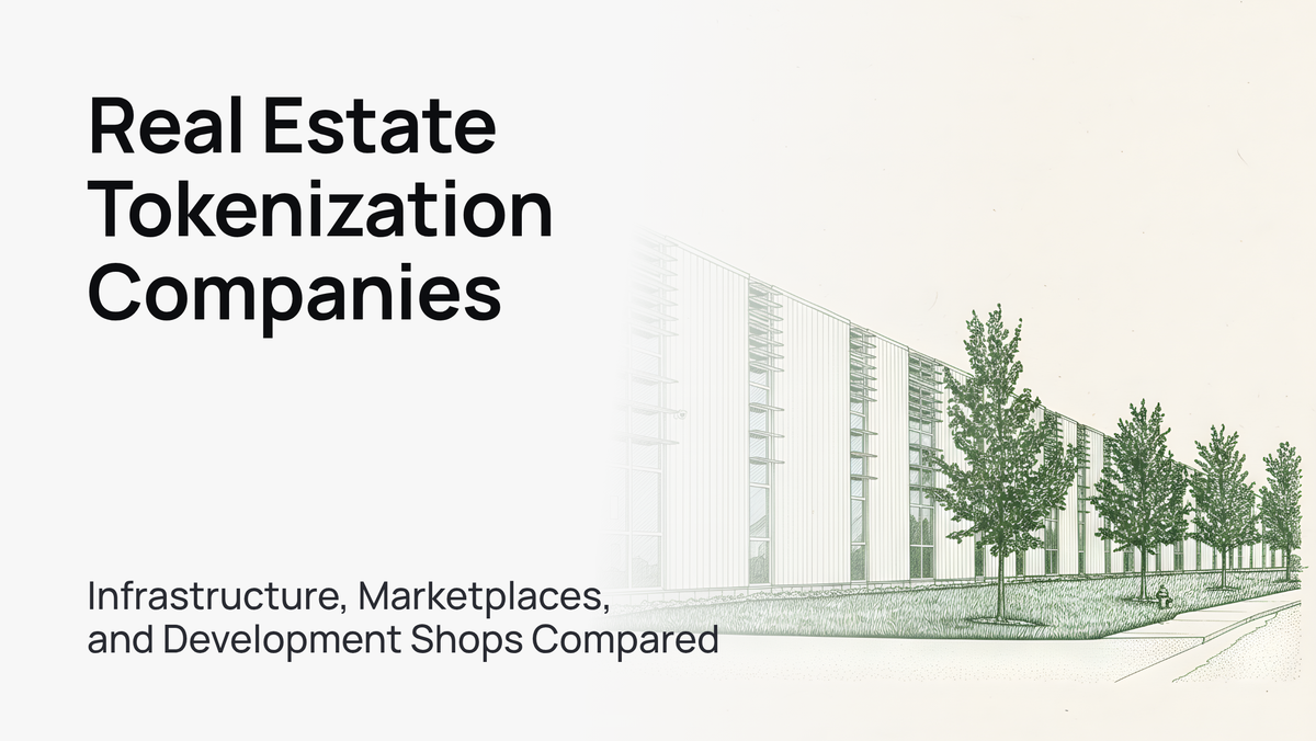 A sleek, modern office building under a clear blue sky, symbolizing real estate tokenization.
