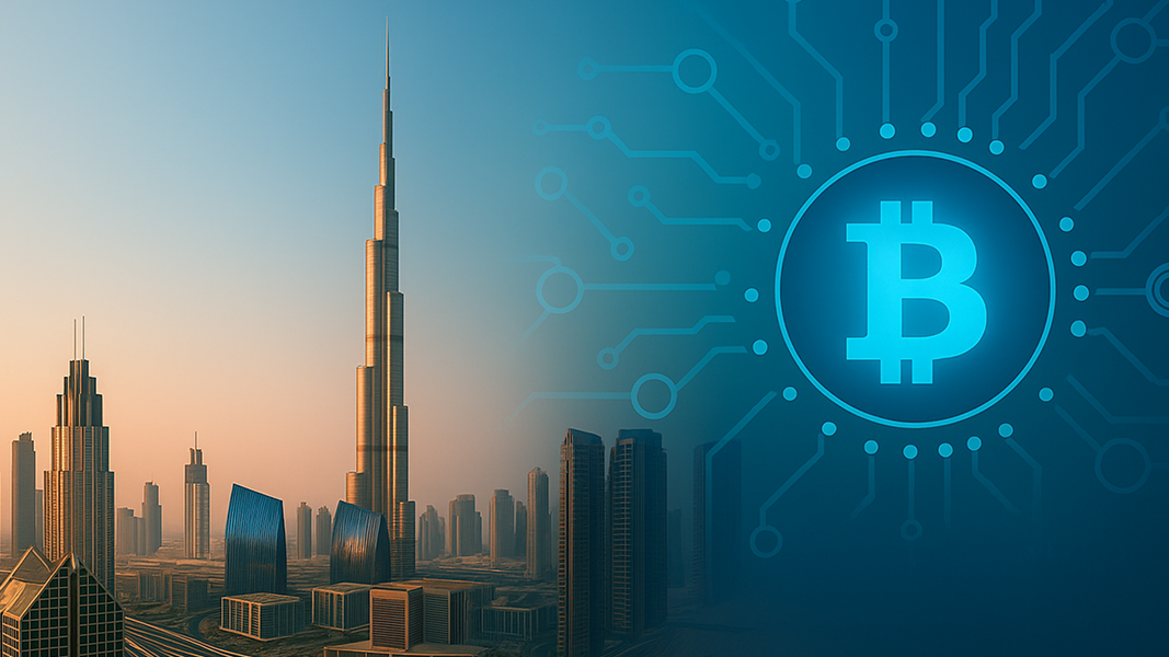 Dubai skyline with Burj Khalifa at sunset, blended with a digital Bitcoin symbol and blockchain circuit design.