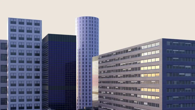 3D-rendered modern office buildings with square and cylindrical shapes, under a beige sky.