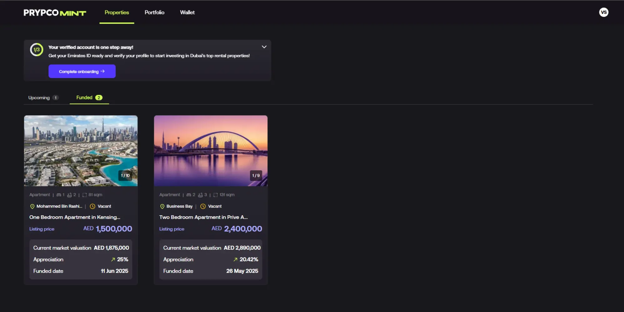 Prypco Mint dashboard with navigation menu showing Properties, Portfolio, Wallet, and Profile sections