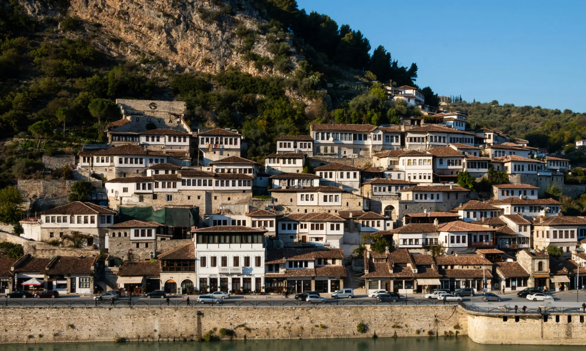 Traditional Ottoman-style hillside houses in the historic town of Berat, Albania.