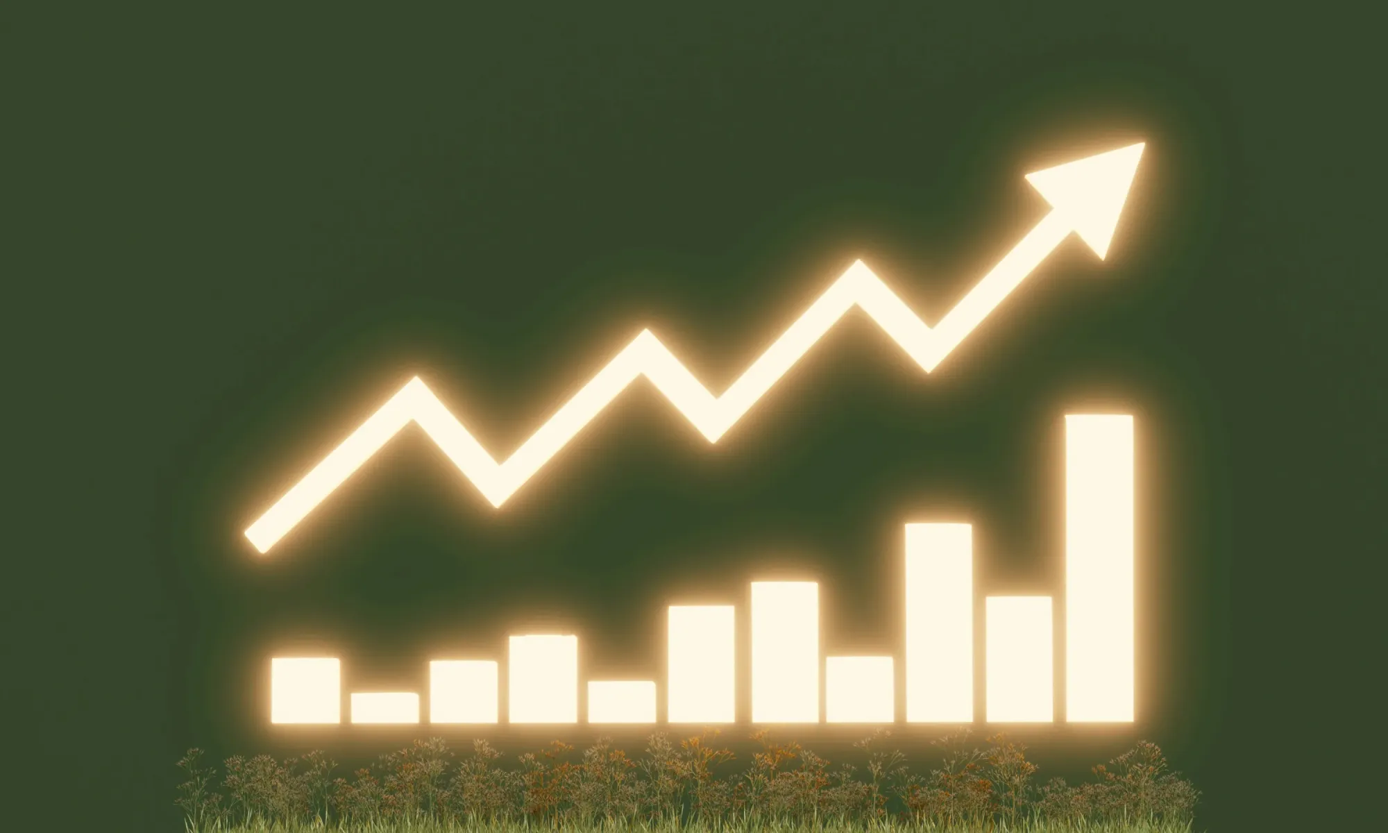 A glowing upward-trending chart with bar graphs and a zig-zag arrow pointing up, symbolizing financial growth.
