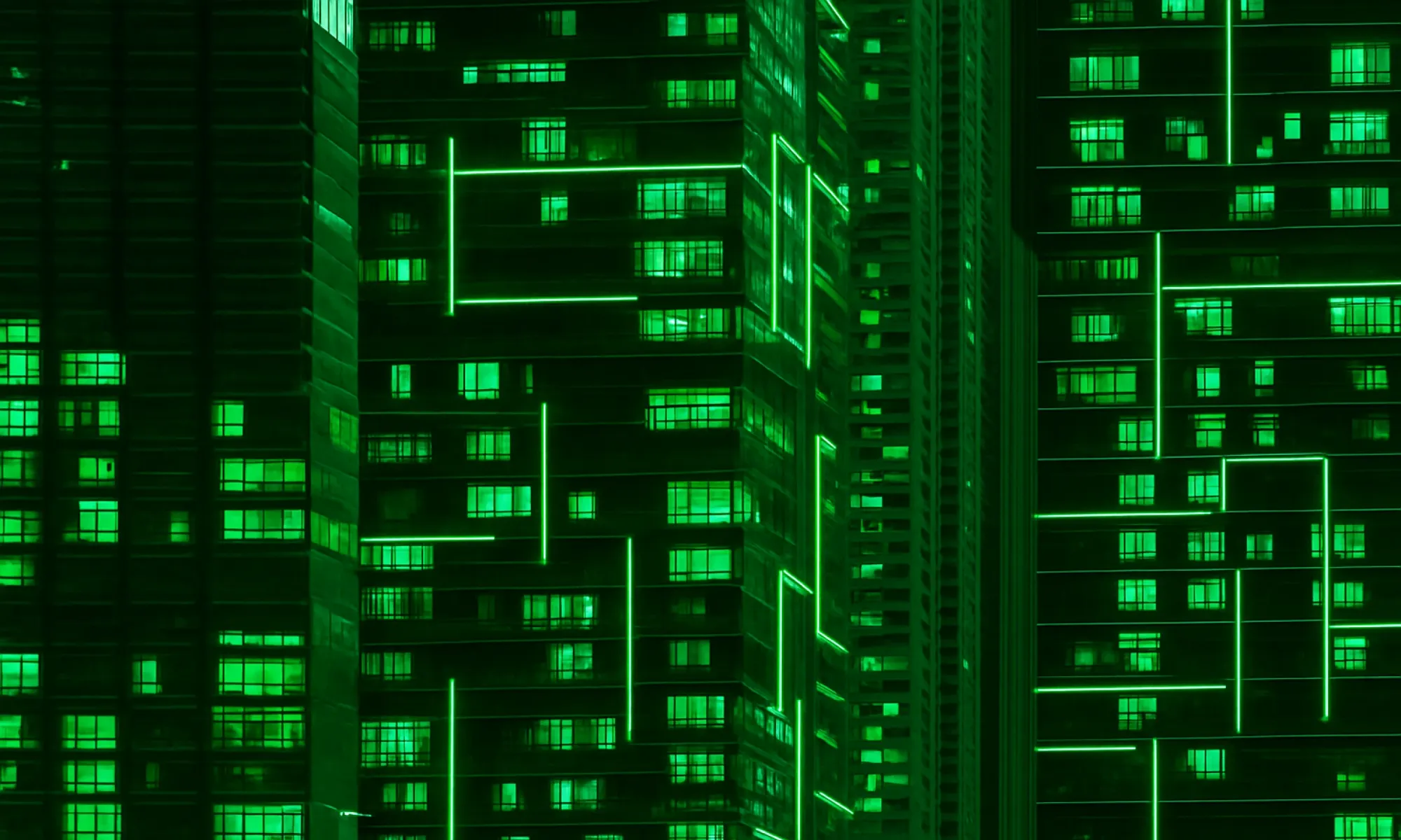 Nighttime close-up of high-rise apartment blocks, their facades traced by bright neon-green lines that form a futuristic circuit-board pattern.