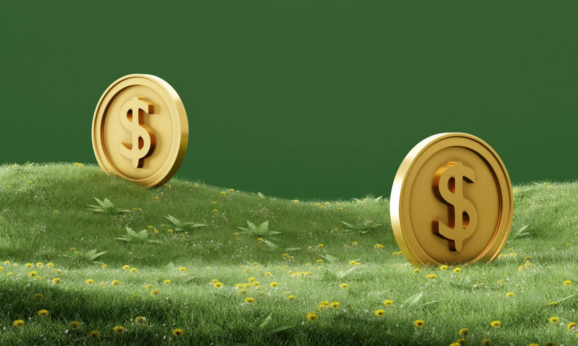 Two golden coins with dollar signs standing upright on a grassy field with flowers.