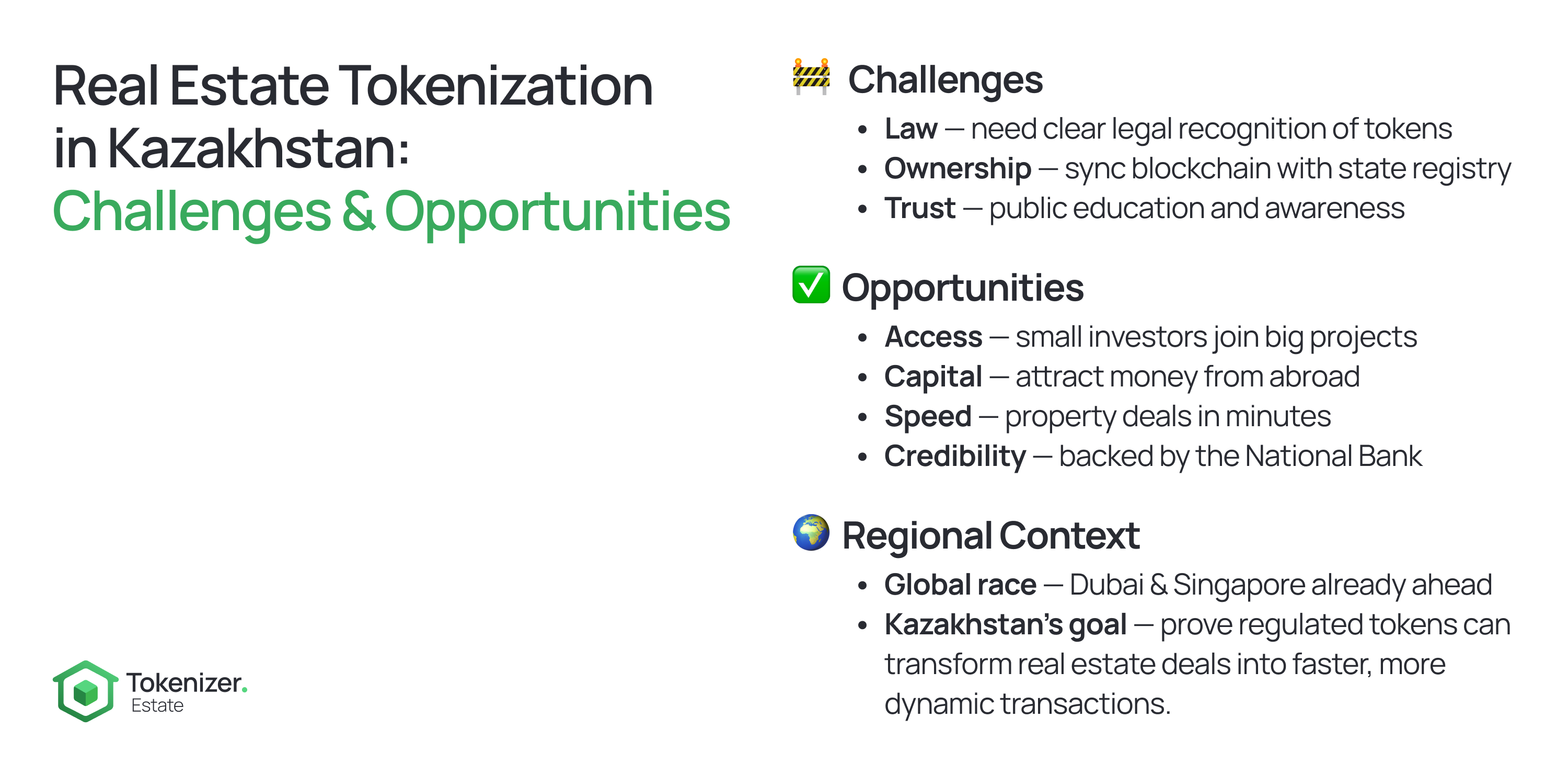 Slide titled “Real Estate Tokenization in Kazakhstan: Challenges & Opportunities” with bullet lists of challenges, opportunities, and regional context. Infographic