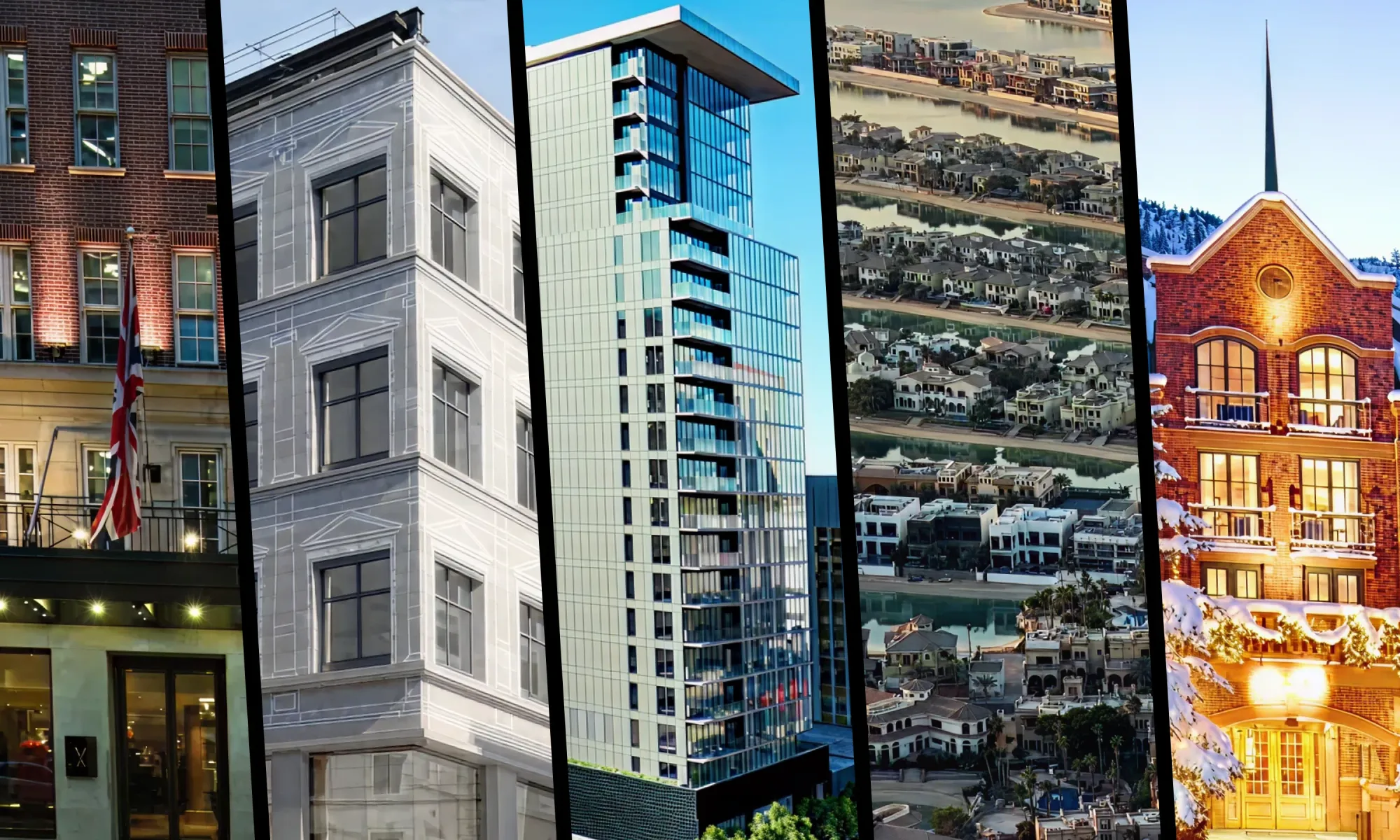 Five-panel collage: boutique hotel with a Union Jack flag, gray heritage building under renovation, sleek glass residential tower, aerial view of a waterfront villa community, and a snow-covered brick building decorated with holiday lights.