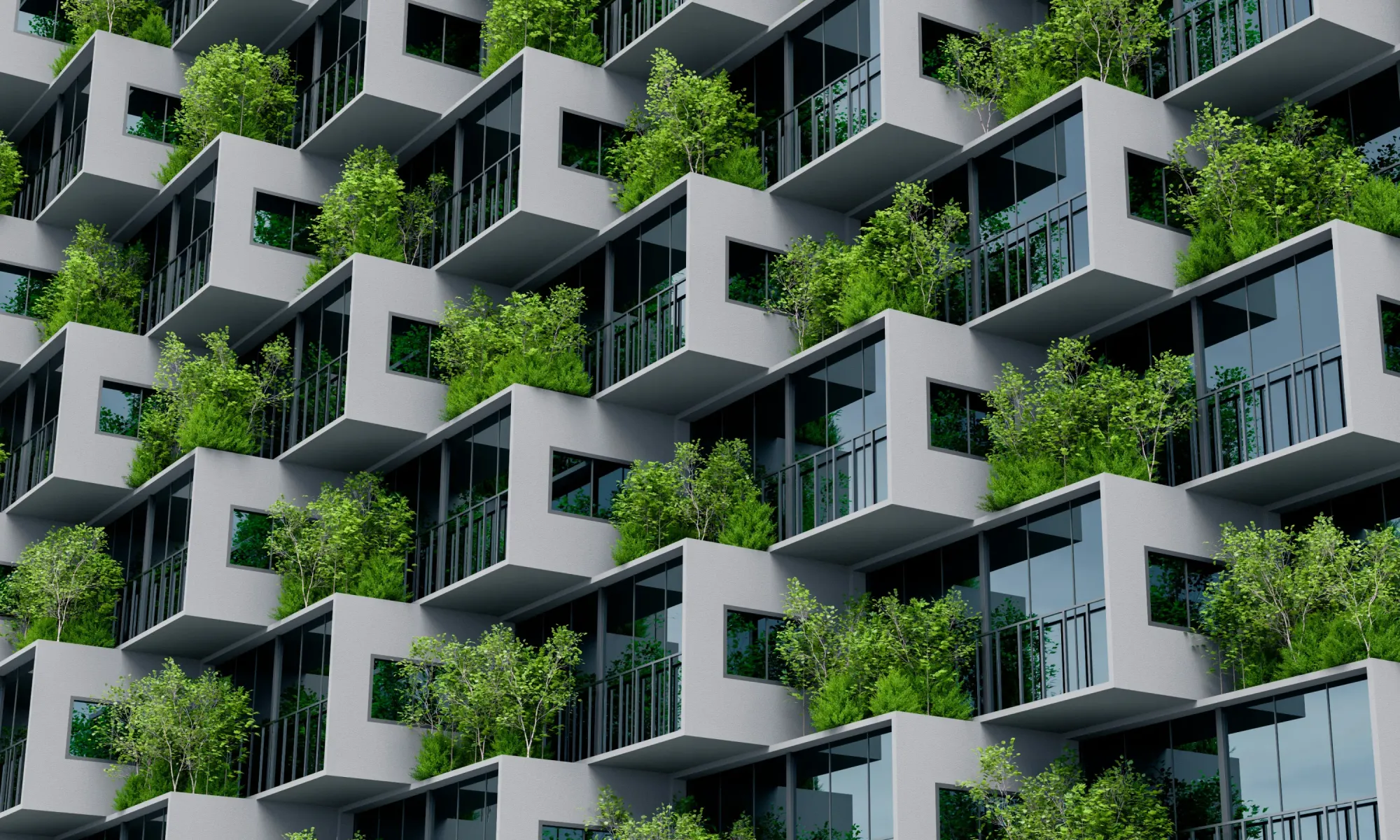 Modern apartment building with staggered balconies filled with lush green plants, creating a vertical garden effect.