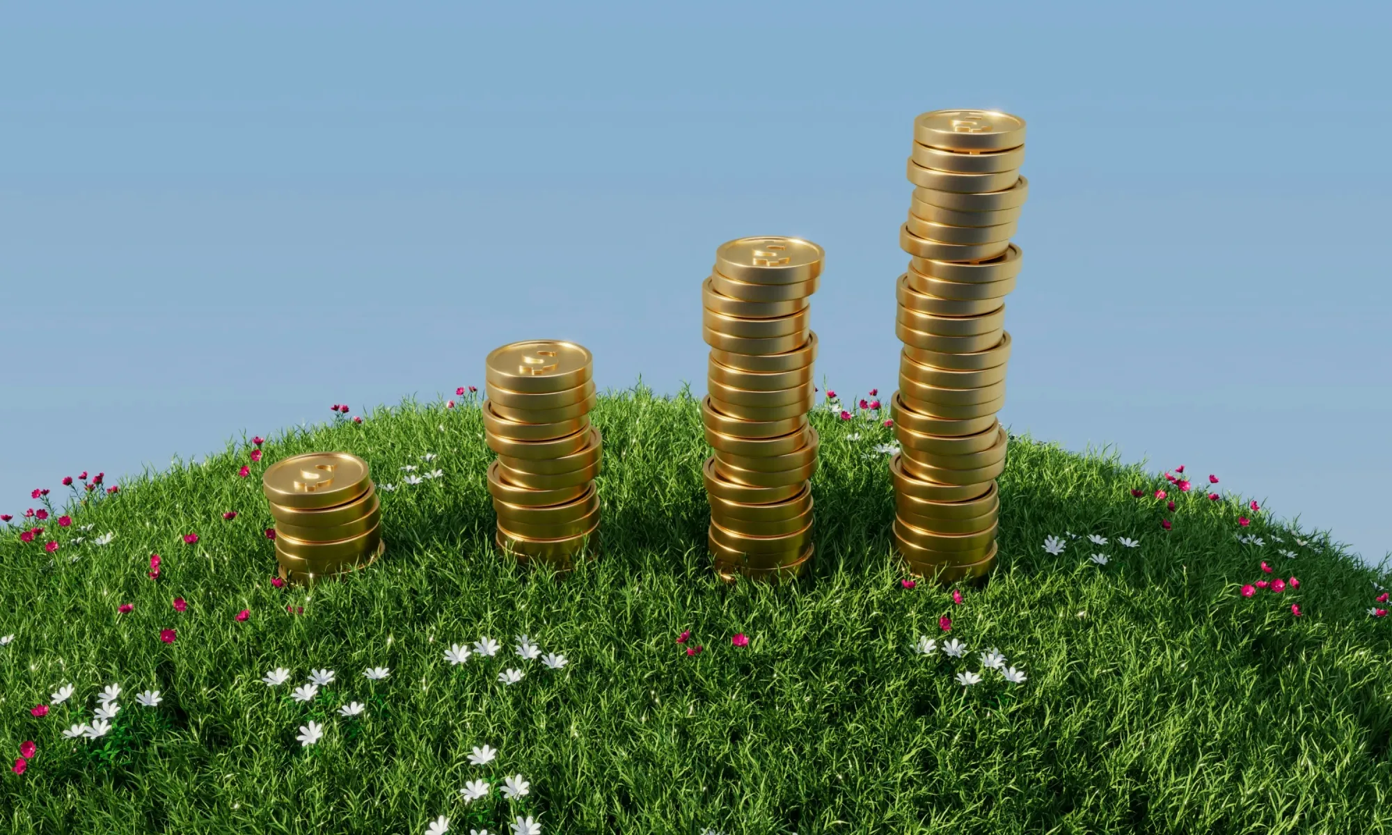 Stacks of golden coins arranged in increasing height on a grassy hill with flowers, symbolizing growing wealth.