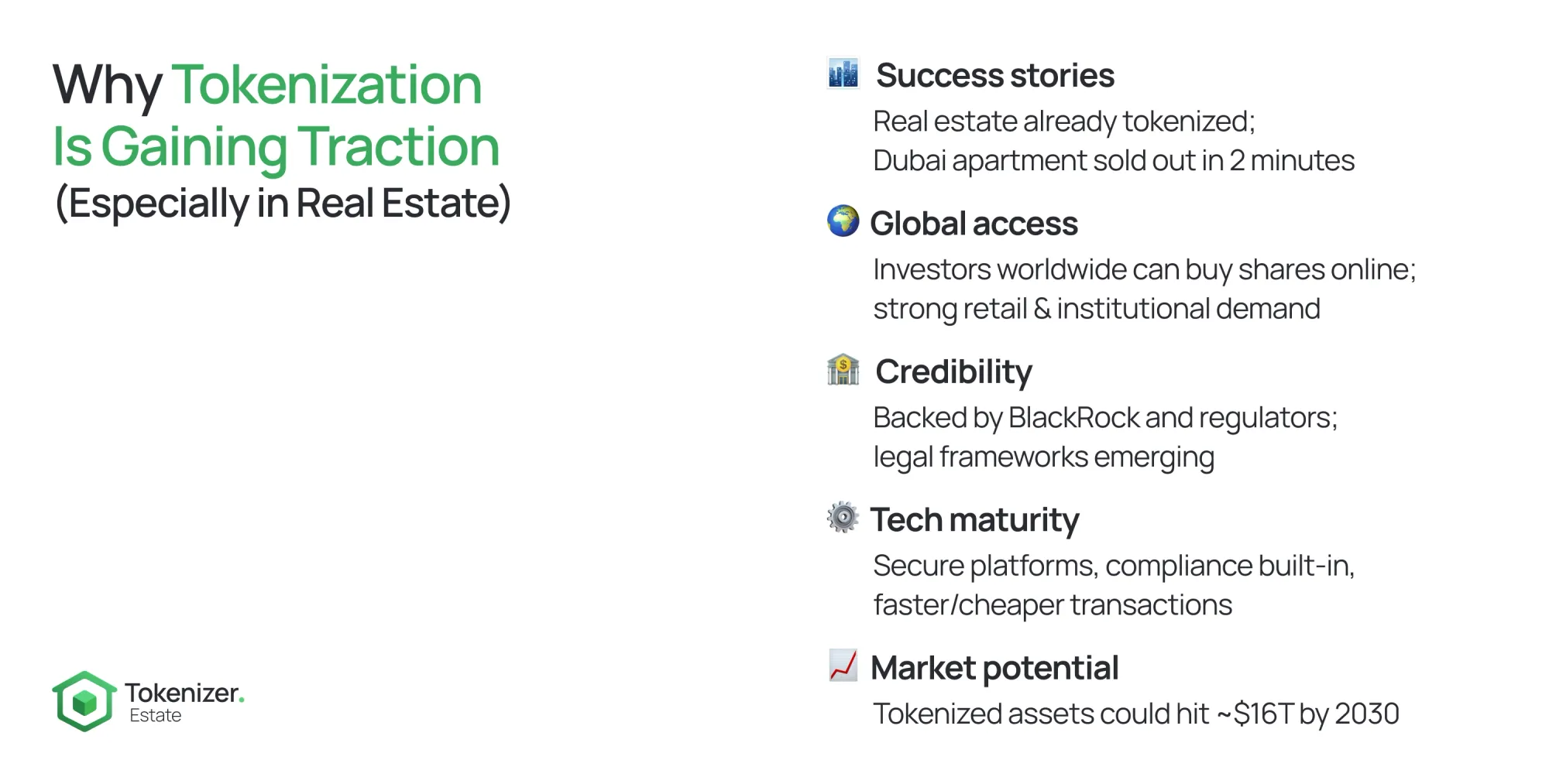 Infographic titled “Why Tokenization Is Gaining Traction,” listing benefits such as success stories, global access, credibility, tech maturity, and market potential.