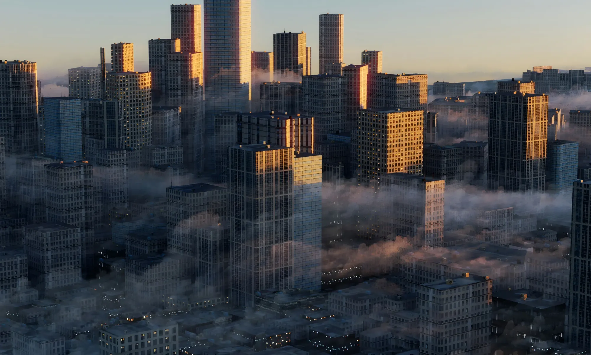 Cluster of modern skyscrapers emerging through thick morning fog, with sunlight reflecting off the glass facades.