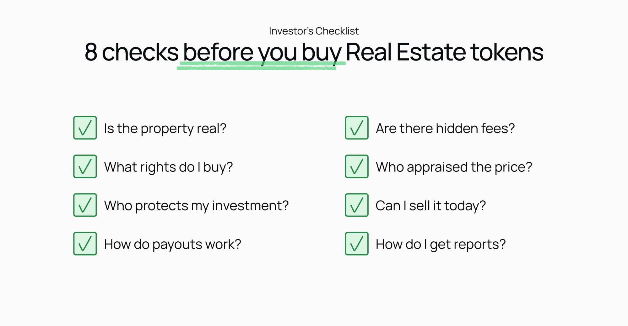 Investor checklist for real estate tokens featuring 8 critical checks: token definition, SPV ownership, clean title, property management, payout logic, fees, exit strategy, and financial reporting.