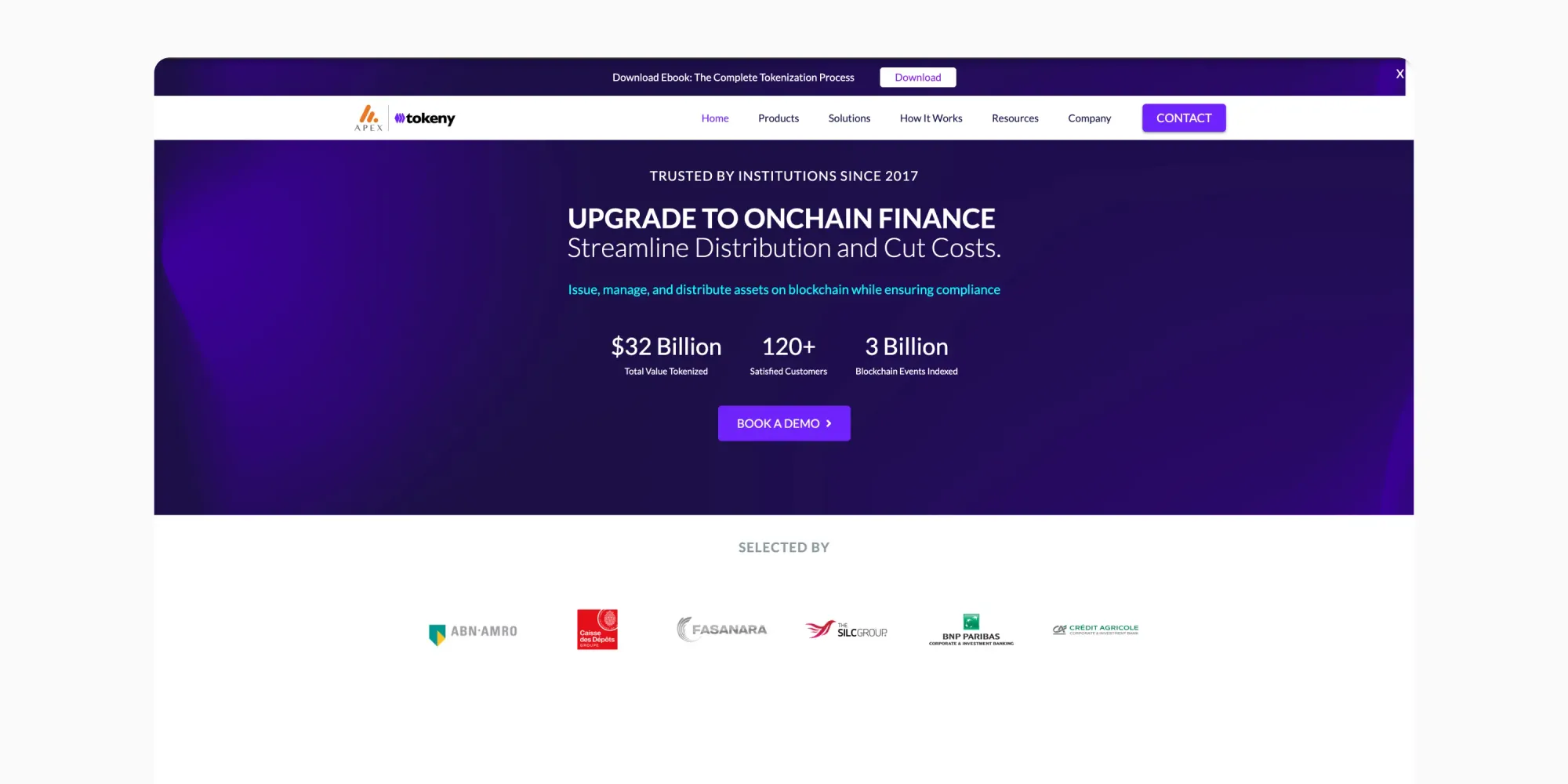 Screenshot of Tokeny website homepage, April 2026
