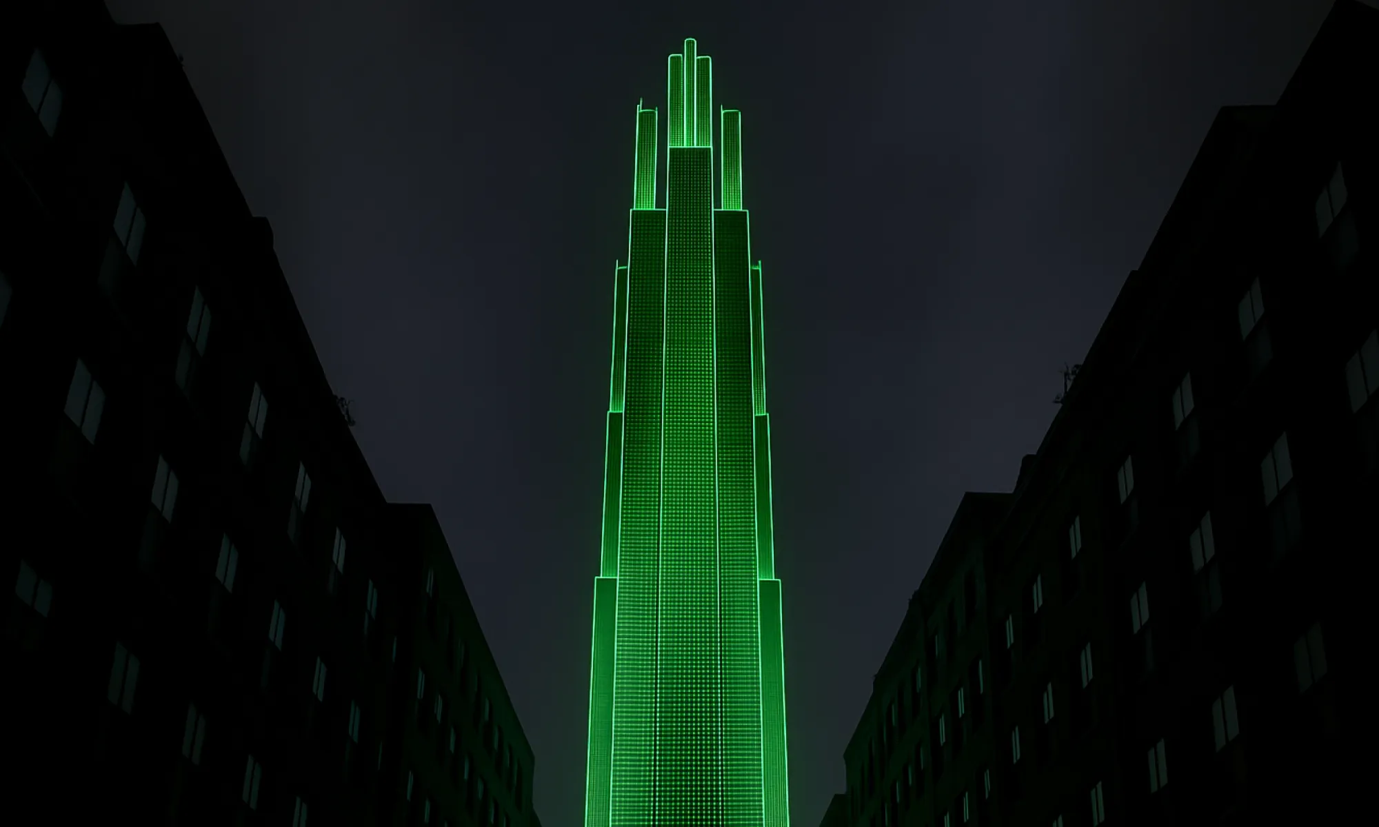 Dark night scene: a tall, tiered skyscraper outlined in vivid green light rises between shadowed mid-rise buildings under a cloudy sky.